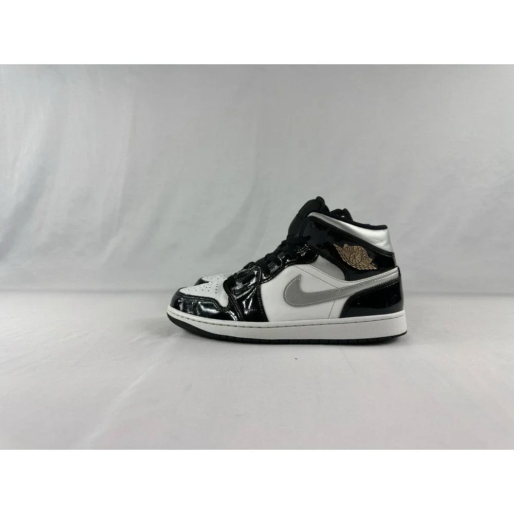Nike Jordan 1 Mid SE Patent Black White Metallic Silver HV0789-010 Men's Size 9